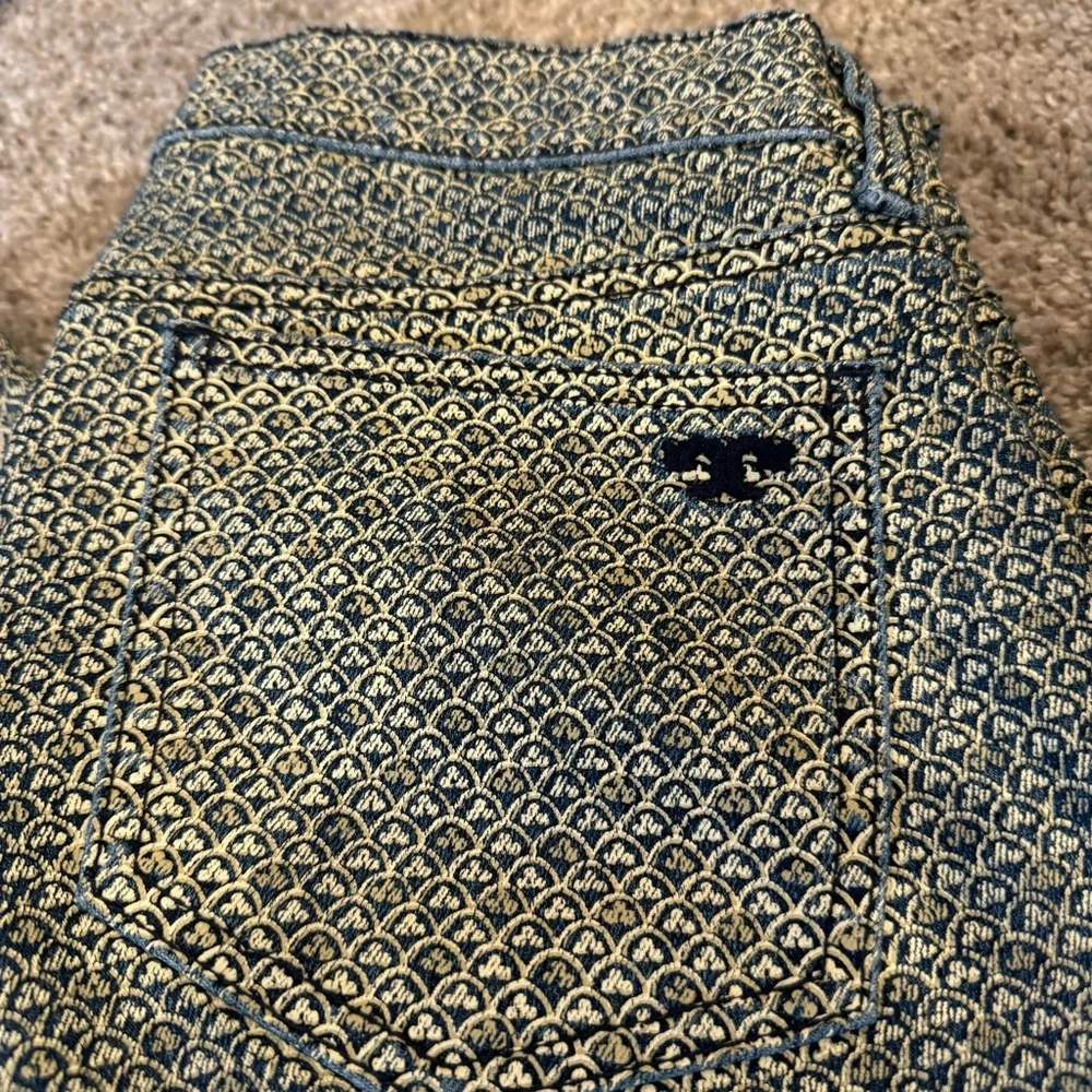 Tory Burch Gold Foil Peacock Print Super Skinny Denim Jean 29